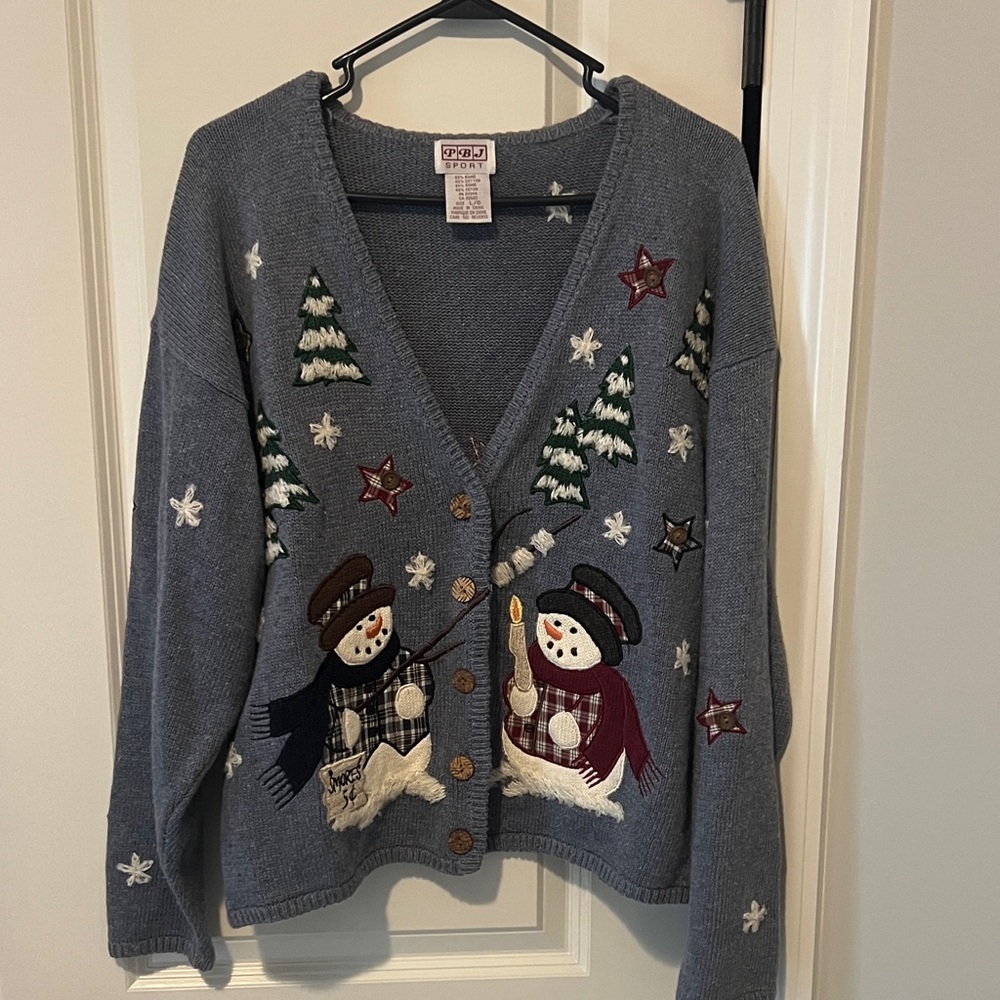 PBJ Sport Vintage Winter Snowman Cardigan Sweater size Large S’more’s ⛄️⛄️